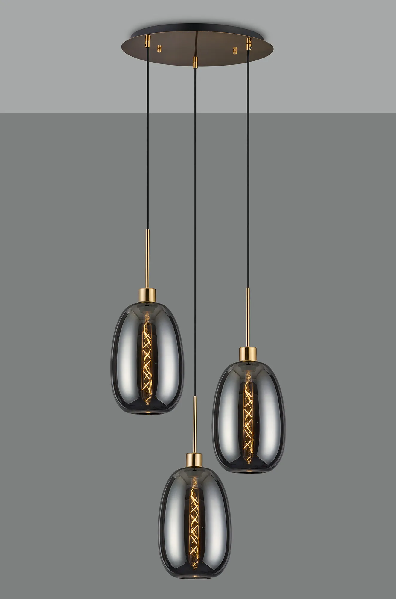 Lori 40cm Round Pendant, 3 Light Adjustable E27, Antique Gold/Smoke Slim Curved Trapezium Shades DK1185  Deco Lori Antique Gold